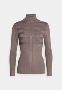 Pull col roulé marron côtelé avec une silhouette ajustée. Il présente des motifs de rayures horizontales à effet métallique sur la poitrine.