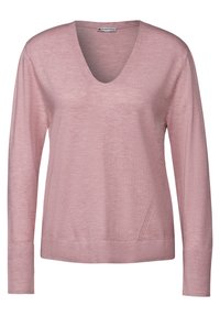 Ljusrosa, långärmad V-ringad tröja med ribbade muddar och nederkant. Mjuk textur med subtilt horisontellt mönster och sömdetaljer på sidorna.