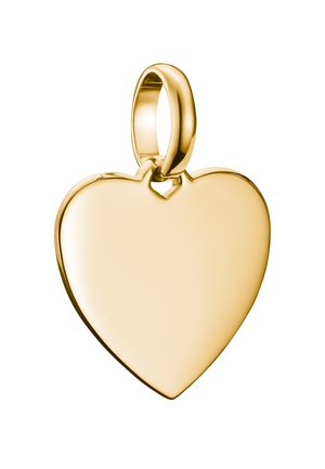 Goldener herzförmiger Anhänger mit einer glatten, polierten Oberfläche und einer kleinen Schlaufe zum Befestigen oben. Keine Gravuren oder sichtbaren Muster.