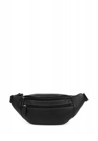 Marsupio in pelle nera con una texture liscia, forma curva, due scomparti con zip e una tracolla regolabile.