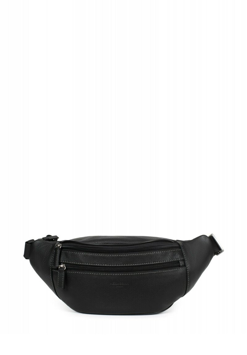 Marsupio in pelle nera con una texture liscia, forma curva, due scomparti con zip e una tracolla regolabile.