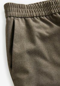 Brune elasticerede shorts med folder, lavet af glat stof. Synlig tekstur og syninger. Simpelt design uden dekorationer.