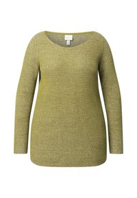Grüner, gerippter Strickpullover mit langen Ärmeln, runden Ausschnitt und weicher Textur. Verfügt über einen subtilen Glanz und einen figurbetonten Schnitt.