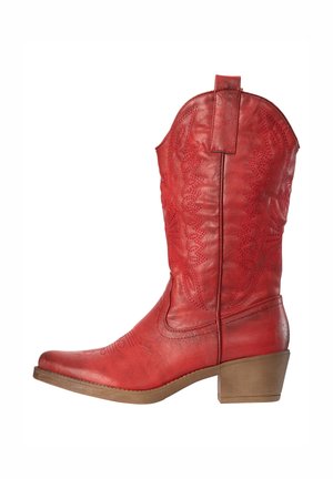 Roter Cowboy-Stiefel aus Leder mit dekorativer Stickerei, Zuglasche und niedrigem, gestapeltem Holzabsatz.