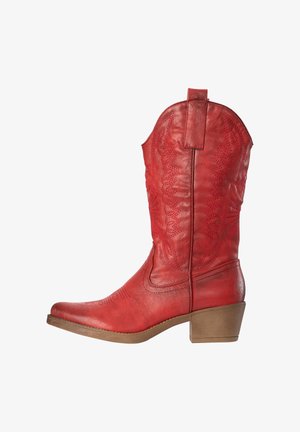 Roter Cowboy-Stiefel aus Leder mit dekorativer Stickerei, Zuglasche und niedrigem, gestapeltem Holzabsatz.