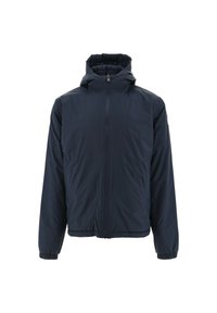 Marineblauwe pufferjack met een rits aan de voorkant en een verstelbare kap. Voorzien van elastische manchetten en een cinched tailleband. Gladde textuur.