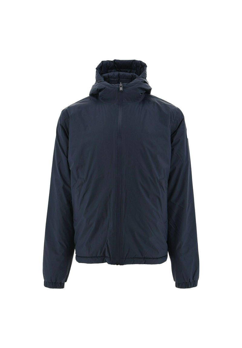 Marineblauwe pufferjack met een rits aan de voorkant en een verstelbare kap. Voorzien van elastische manchetten en een cinched tailleband. Gladde textuur.