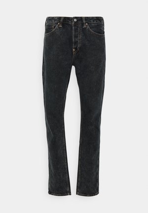 Černé džíny s rovnými nohavicemi, zapínání na přední knoflík a zip, design s pěti kapsami na bílém pozadí.