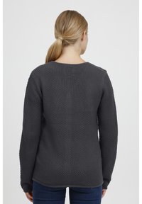 Gray textured sweater with a round neckline and long sleeves. The back features a simple, clean design with a slight hemline.
