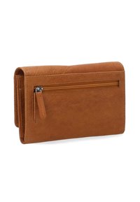 Brązowy portfel skórzany o teksturowanym wykończeniu, wyposażony w kieszeń na zamek błyskawiczny oraz składany design zapewniający bezpieczne przechowywanie.
