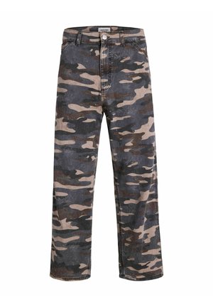 Džíny s maskáčovým vzorem v odstínech šedé, béžové a tmavě hnědé. Vyrobeny z denimu s rovnými nohavicemi a klasickým pětikapsovým střihem.