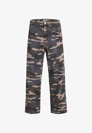 Jeans con motivo mimetico in tonalità di grigio, beige e marrone scuro. Realizzati in denim con un design a gamba dritta e uno stile classico a cinque tasche.