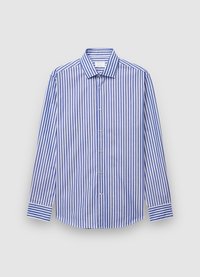 Gestreiftes Langarmshirt in Blau und Weiß mit Button-Down-Kragen, weichem Baumwollstoff und abgerundetem Saum. Mit durchgehender Knopfleiste und Knöpfen an den Manschetten.