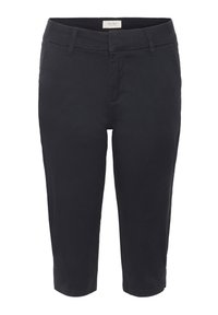 Pantalons noirs coupés en tissu en coton mélangé, avec une texture lisse, des poches avant et une ceinture classique.