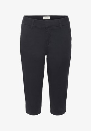 Juodi trumpi kelnės, pagamintos iš medvilnės mišinio, su lygia tekstūra, priekinėmis kišenėmis ir klasikiniu juosmens dizainu.