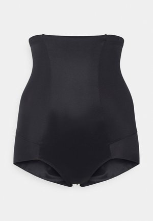High-waisted black shaping briefs made of smooth, stretchy material. Features a seamless design and a subtle sheen with no visible fastenings.