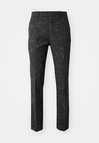 Dunkelgraue Hose mit einem geprägten Blumenmuster, taillierte Passform, gerade Beine und glatter Textur. Verfügt über einen Standardbund.