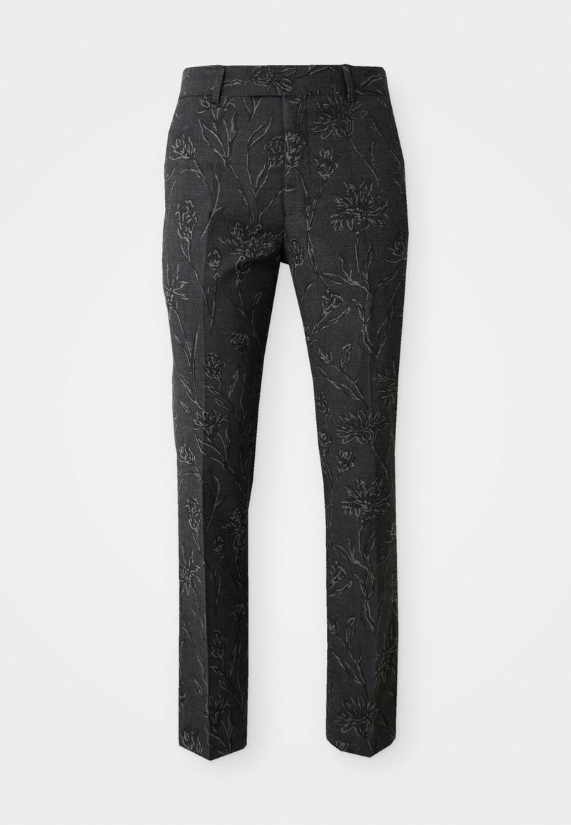 Dunkelgraue Hose mit einem geprägten Blumenmuster, taillierte Passform, gerade Beine und glatter Textur. Verfügt über einen Standardbund.