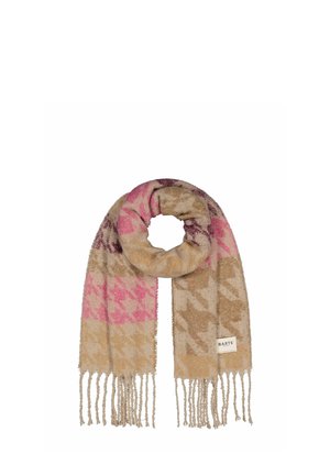 Beige, pink, and purple houndstooth patterned scarf with fringe ends and a Barts brand label on one side.