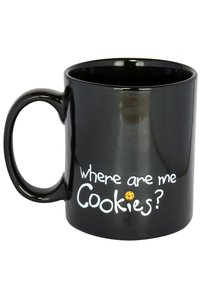 Tazza in ceramica nera con forma arrotondata e manico curvo. Presenta il testo "dove sono i miei biscotti?" in bianco con un'illustrazione di un biscotto.