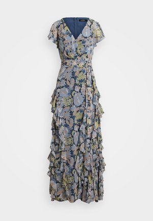 Ziedošu motīvu maxi kleita zilos, zaļos un bežos toņos. Satur V-veida kaklu, plīvurotas piedurknes, savilktu jostasvietu un kārtainus pušķus ap apakšmalu.