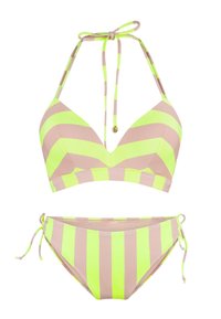 Set di bikini a due pezzi con top triangolare e slip a vita media. Presenta strisce orizzontali audaci in giallo neon e marrone chiaro.