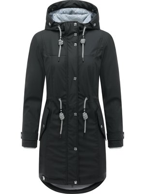Imperméable long noir avec capuche, fermeture à boutons et zip, cordons réglables à la capuche et à la taille, poches avant avec rabats et sangles aux poignets.