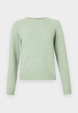 Pull vert clair avec manches longues raglan, un col rond et un ourlet côtelé. Texture douce, couleur uniforme et design simple.