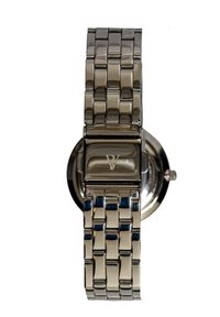 Silver metal watch band with polished rectangular links and a clasp engraved with a stylized "PV" logo, viewed from above.