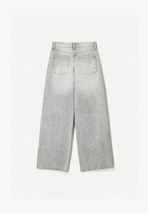 Hellegraue Denim-Jeans mit weitem Bein und einem verwaschenen Finish, ausgestattet mit zwei Gesäßtaschen und einem rohen Saum.