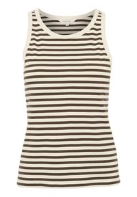 Gestreifter Tank-Top mit gerippter Textur, abwechselnd in Dunkelbraun und Creme gestreift, und einem runden Ausschnitt.