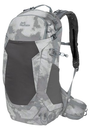 Grijze camouflage rugzak met meerdere vakken, mesh achterpaneel en verstelbare banden. Bevat grijze accenten en hardware voor functionaliteit.