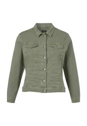Olivgrüne Jeansjacke mit Knopfleiste, zwei knöpfbaren Brusttaschen, langen Ärmeln und einem klassischen Kragen.