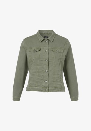Olivengroene spijkerjas met knoopsluiting voor, twee borstzakken met knopen, lange mouwen en een klassieke kraag.