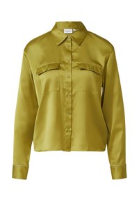 Olive green satin button-up shirt with long sleeves, two chest flap pockets, pointed collar, and cuff details.