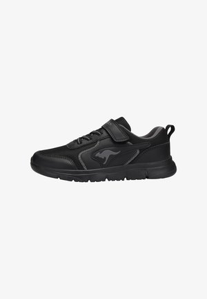 Black athletic shoe with a breathable mesh upper, rubber sole, adjustable Velcro strap, and subtle logo detailing on the side.