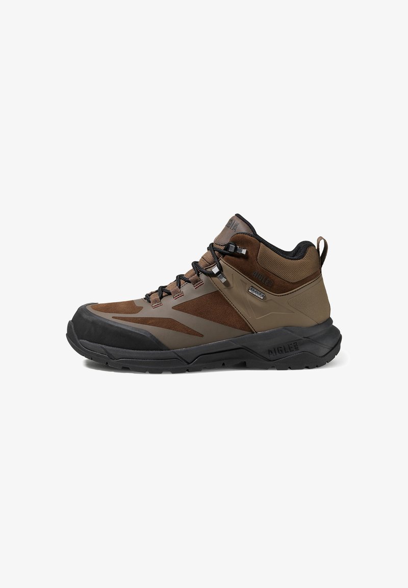 Brown hiking boot with a combination of suede and synthetic materials, high-top design, rubber sole, and laces. Features textured accents.