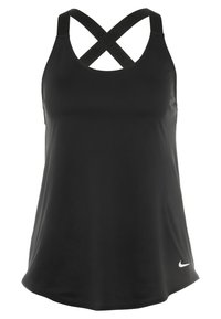 Débardeur de sport noir avec des bretelles croisées, fabriqué en tissu léger et lisse. Il présente un ourlet arrondi et un logo blanc discret en bas.