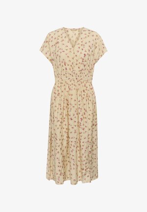 Floral midi dress in cream fabric with pink and purple flower patterns, v-neck, short sleeves, and gathered waist for a flowing silhouette.