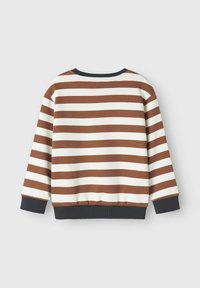 Pullover a righe con strisce orizzontali marroni e panna, in tessuto di cotone, con scollatura e polsini a coste neri, caratterizzato da una vestibilità comoda e orlo elastico.