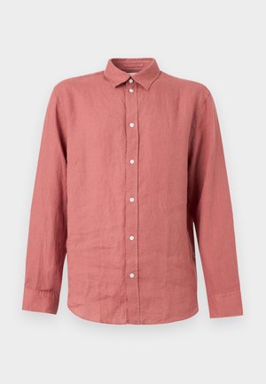 Langermet skjorte med knapper i dempet rosafarge med klassisk krage og hvite knapper, vist på en ensfarget lys bakgrunn.