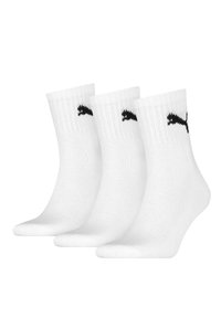 Weiße Knöchelstrümpfe im Dreierpack, mit gerippten Bündchen und einem schwarzen Puma-Logo auf jeder Socke. Glatte Textur und nahtloses Design.