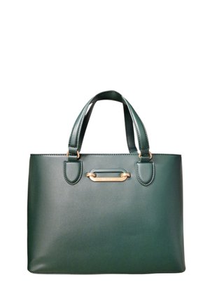 Borsa a mano in pelle sintetica verde con doppio manico, texture liscia, dettagli in metallo dorato e una targhetta con il logo sulla parte anteriore.