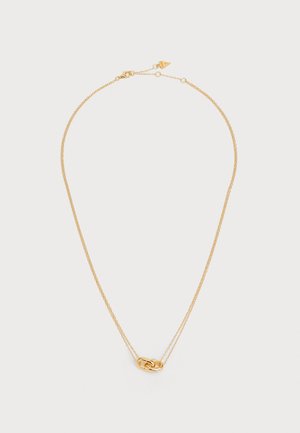 Zlato-tonirana ogrlica z dvojno verigo in osrednjim prepletenim povezovalnim detajlom. Verige so teksturirane in vitke, z zamaškom.