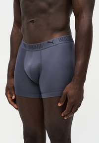 Torse masculin portant un boxer gris ajusté Puma avec une ceinture marquée, debout devant un fond clair uni.