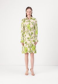 Rochie florală cu modele galben-verzui pe un fundal crem deschis. Mâneci lungi, talie accesorizată cu curea și fustă până la genunchi.