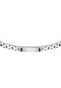 Bracciale in tonalità argento con segmenti metallici legati, una piastra centrale liscia e accenti neri a ciascuna estremità della piastra.