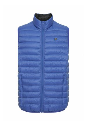 Gilet matelassé sans manches bleu avec fermeture éclair avant et petit logo noir sur la poitrine gauche, col montant et design rembourré.