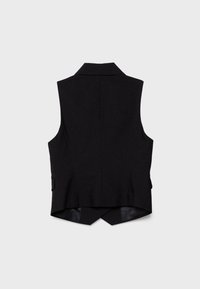 Gilet formel noir sans manches avec un col cranté et un ourlet arrière légèrement plus long, vu de dos sur un fond uni.