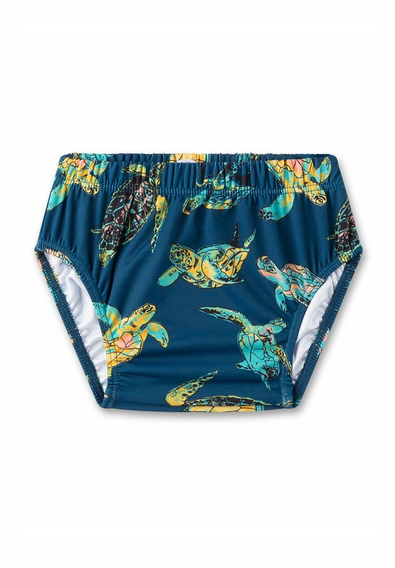 Hochtaillierte Schwimmhose, navy mit buntem Schildkrötenmuster. Elastischer Bund, glattes Material, weiße Fütterung und eine figurbetonte Passform.